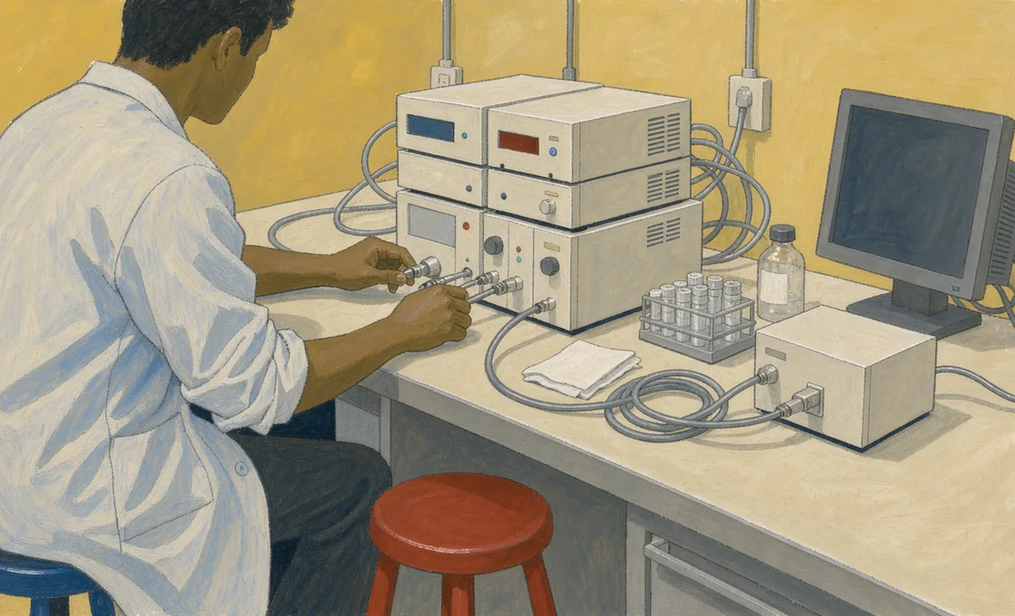A laboratory technician adjusts tubing beside a liquid chromatography instrument with its monitor turned away.