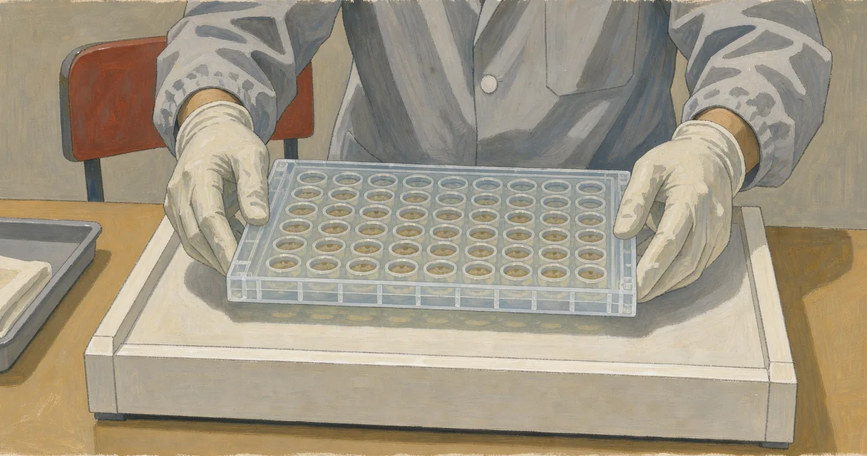 An illustrated laboratory technician examines a translucent cell-culture plate over a broad light box.