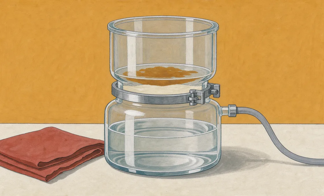 A glass diffusion chamber holds a thin pale membrane between its upper and lower compartments.