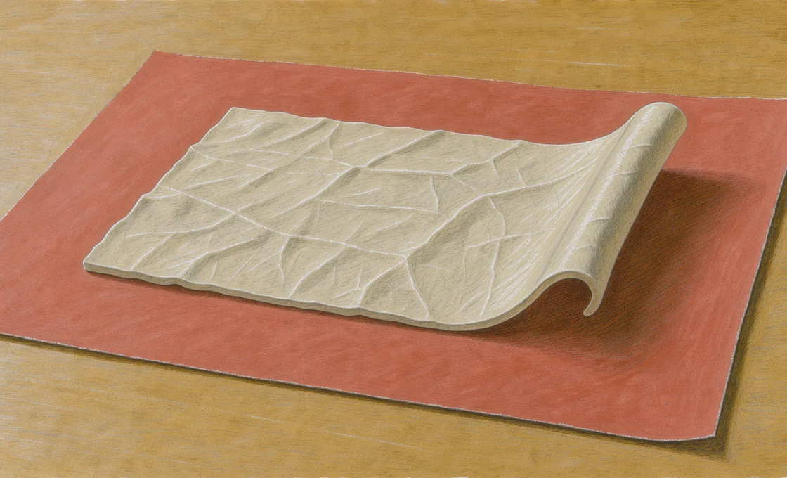 A pale flexible skin-texture cast lies under low side lighting on a vermilion sheet.